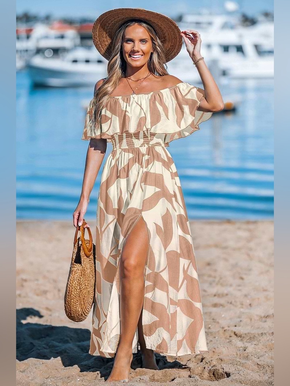 NWT All Flounce Tropical Maxi Dress in Cream and tan size medium